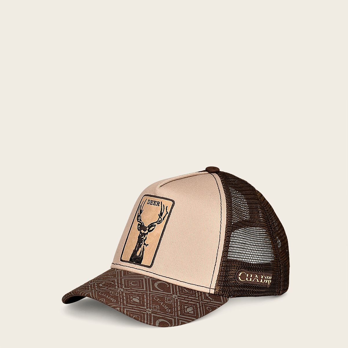 Brown snapback cap with deer patch