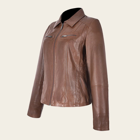 Womens honey leather jacket, Sheepskin jacket for women. On the front they present decorative pockets with closures. Fitted with front closure.