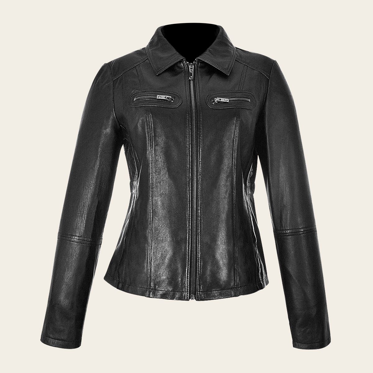 Womens black leather jacket with decorative pockets - MCMP004 - Cuadra Shop