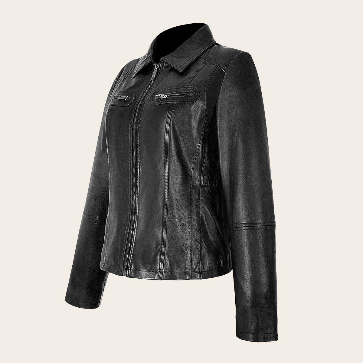 Womens black leather jacket, Sheepskin jacket for women. On the front they present decorative pockets with closures. Fitted with front closure.