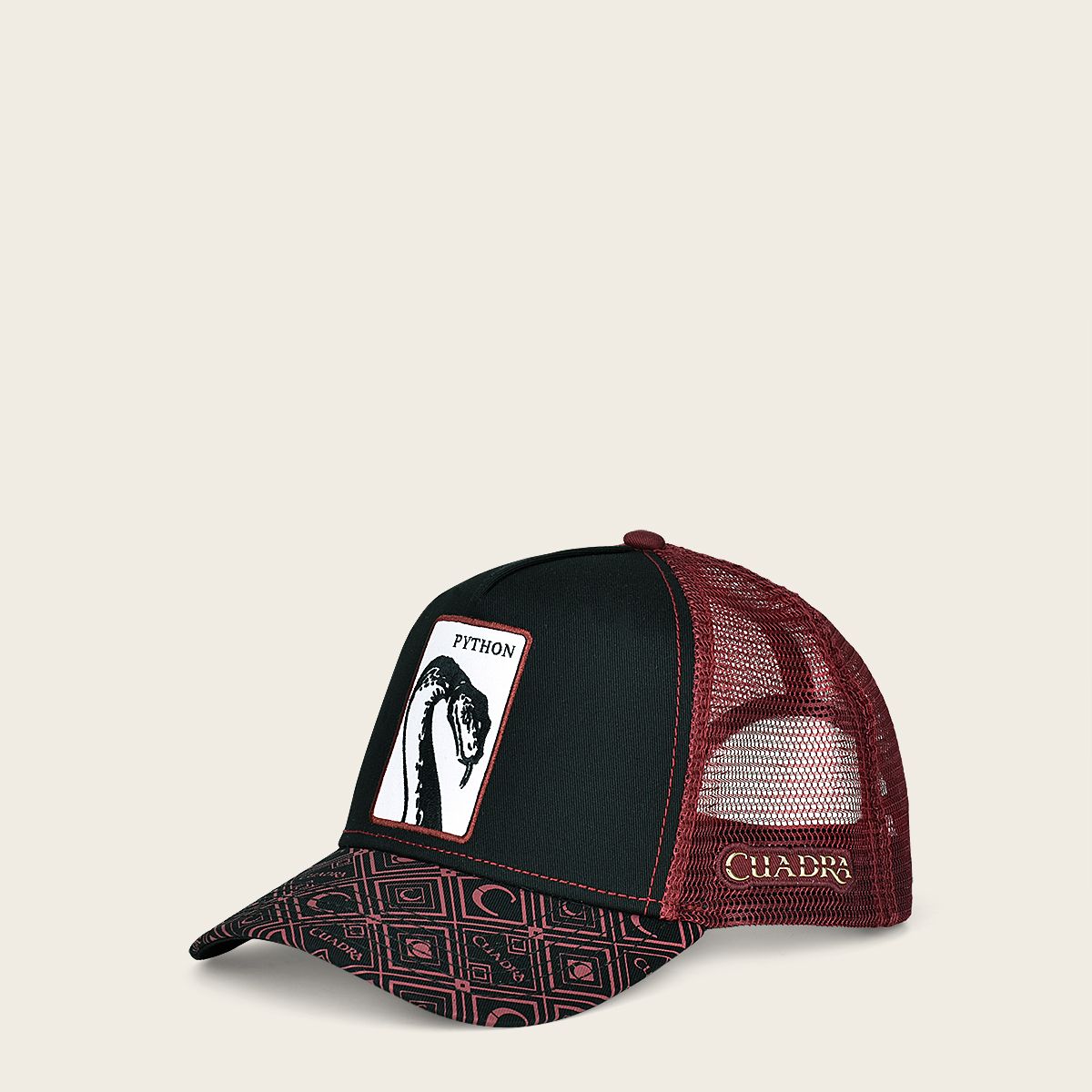 Red snapback cap with phyton patch