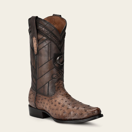 Engraved brown ostrich leather western boot
