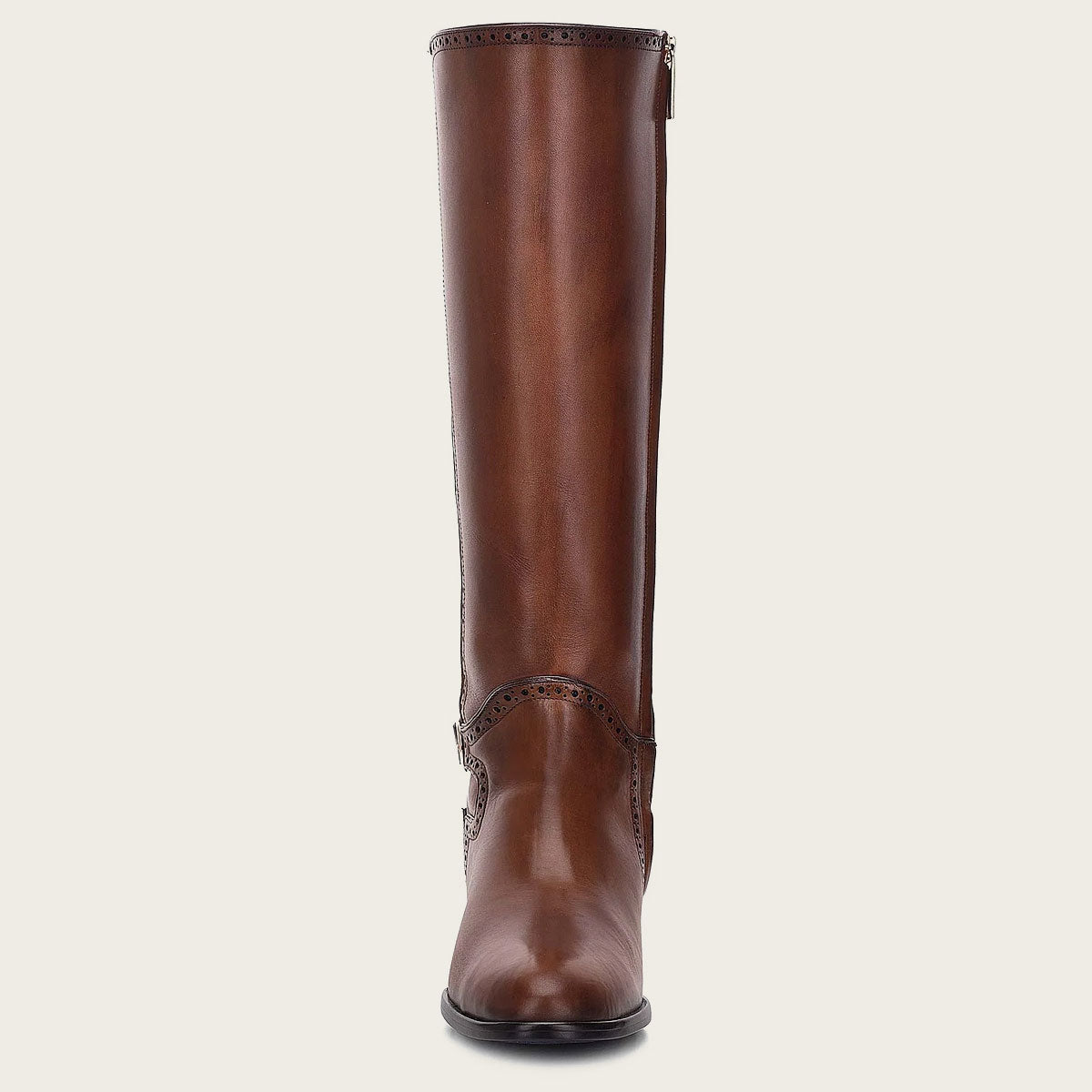 A beautiful honey-colored leather riding boot, hand-painted with intricate details, perfect for the fashion-forward equestrian.