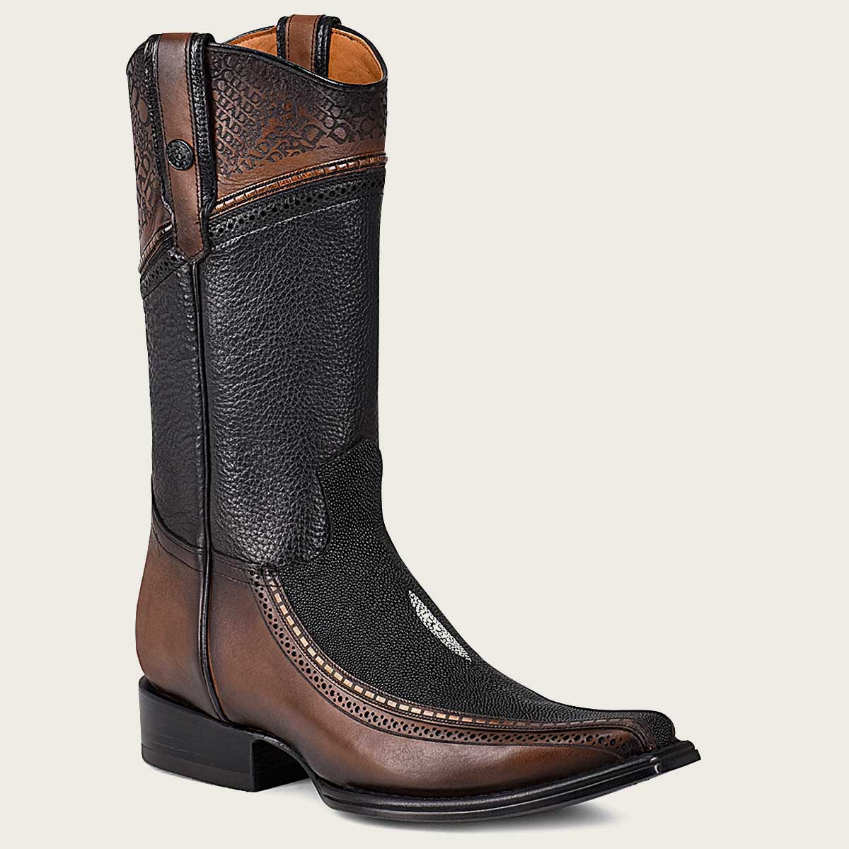 Meticulously crafted with utmost precision, this boot showcases a harmonious fusion of genuine stingray leather and premium bovine leather