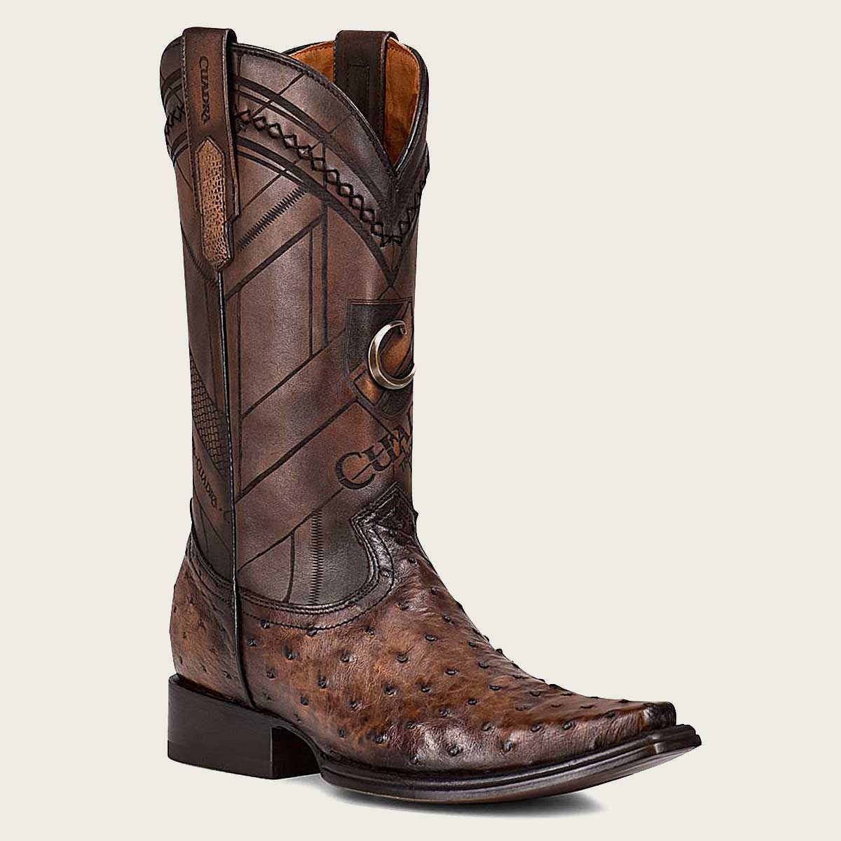Elevate your shoe game with our exquisite men's traditional engraved dark brown leather boot crafted from genuine ostrich and bovine leather.