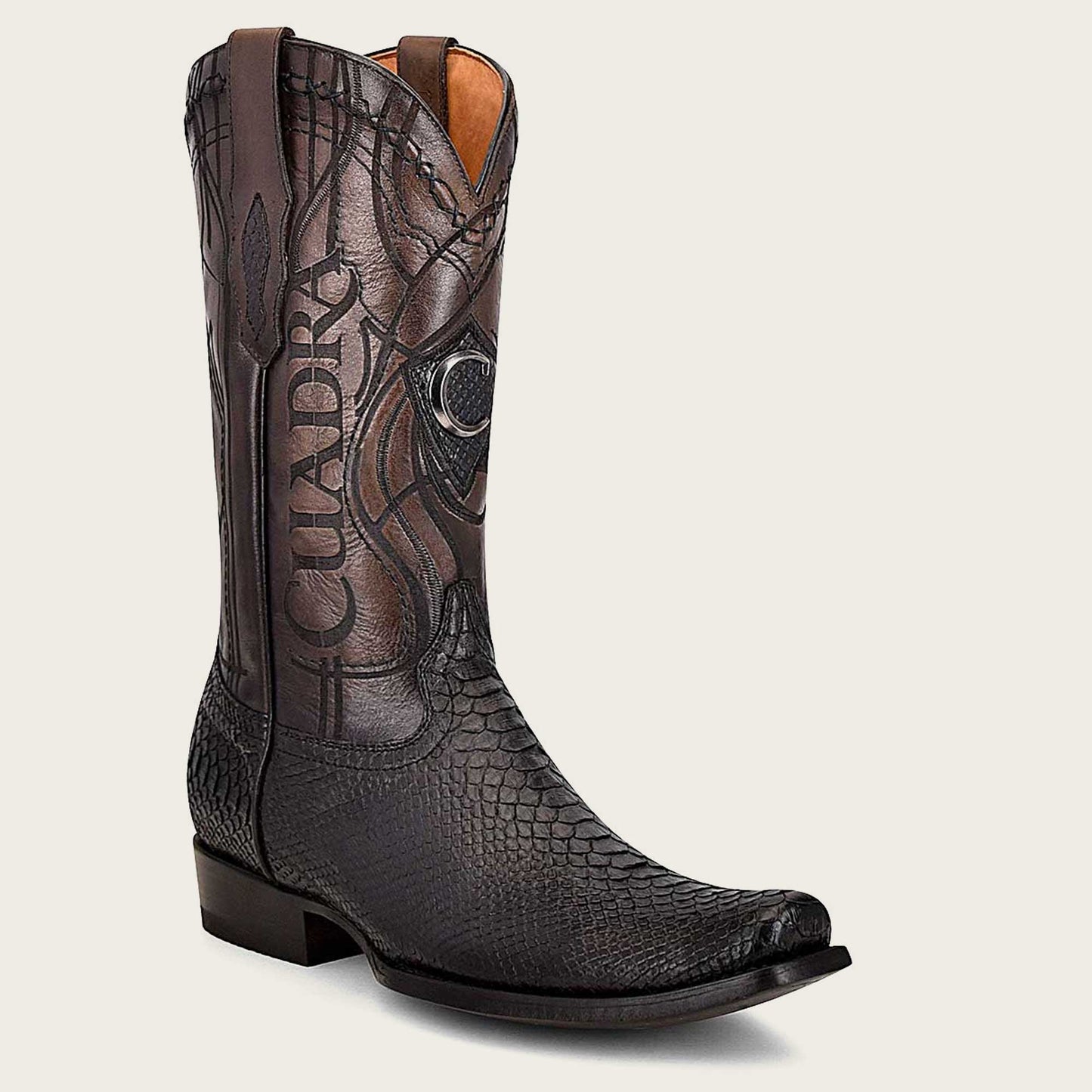Engraved black python leather western boot