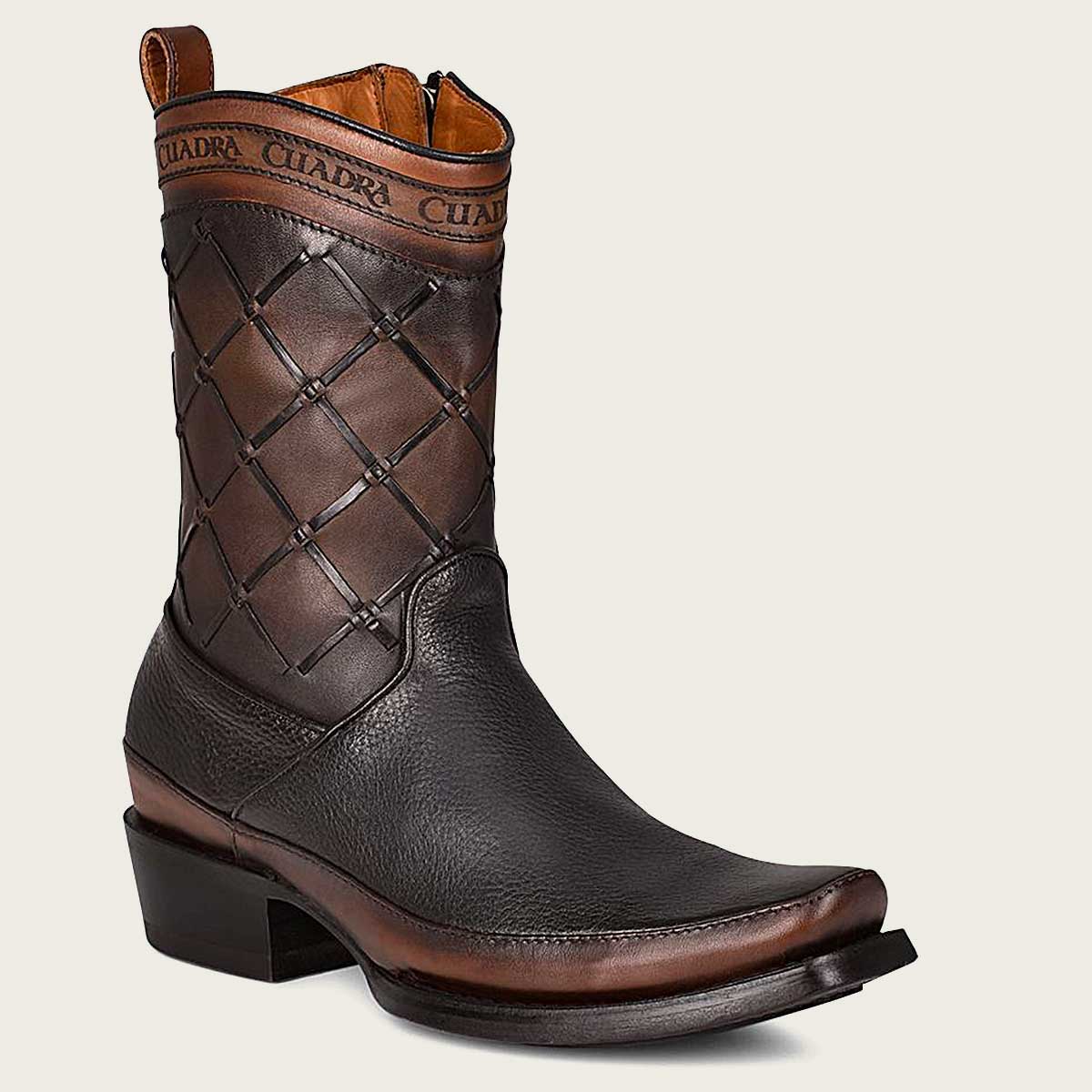High-quality men's leather boots with handmade fabric, geometric motifs, and Cuadra logo in bovine leather