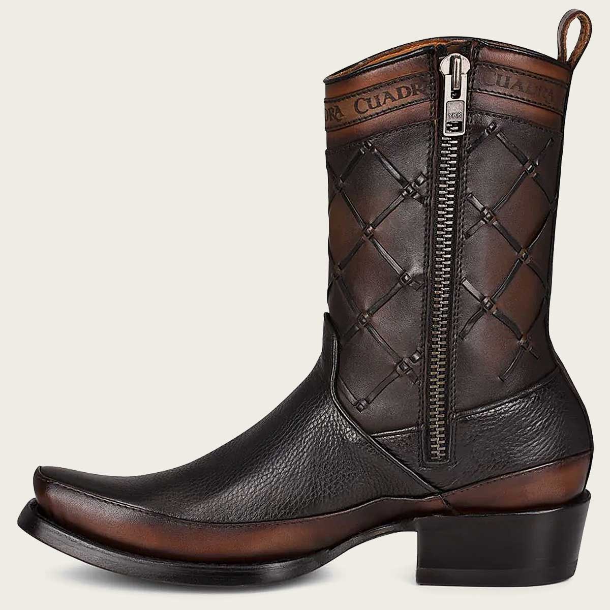High-quality men's leather boots with handmade fabric, geometric motifs, and Cuadra logo in bovine leather
