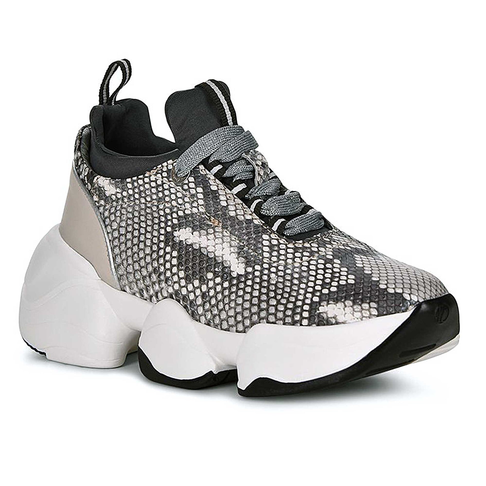 Python grey leather sneakers, Sneakers for women in genuine python leather, with lycra application, lace and two-tone double-density sole.