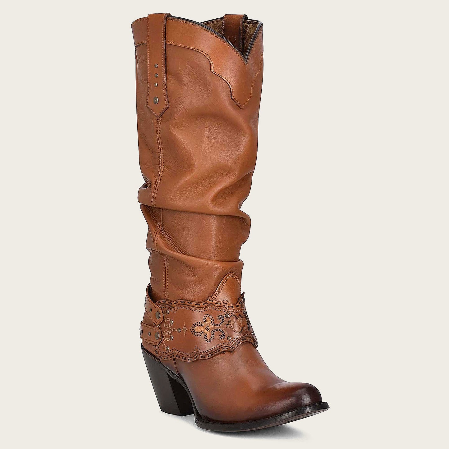 Step into sophistication with our women's Engraved honey leather tall boots, designed to elevate your style to new heights.