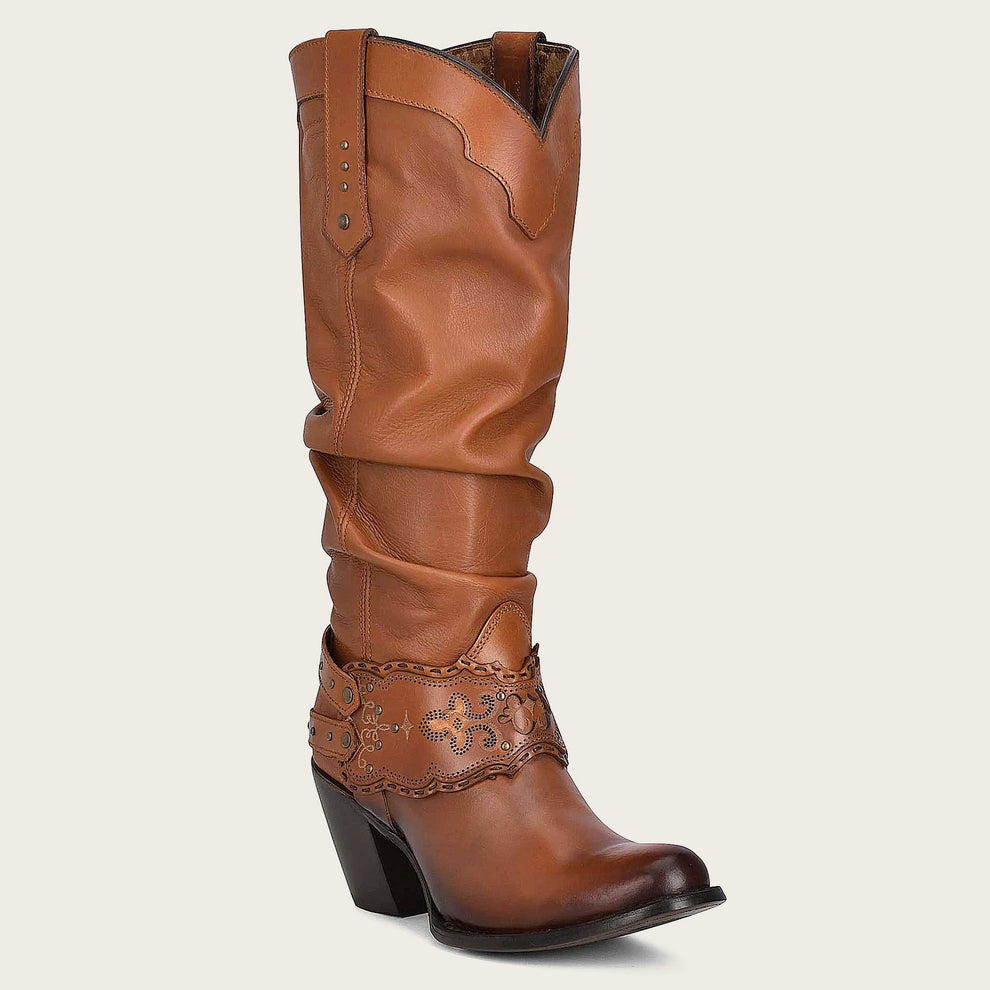 Engraved honey leather tall boot for women - Cuadra Shop