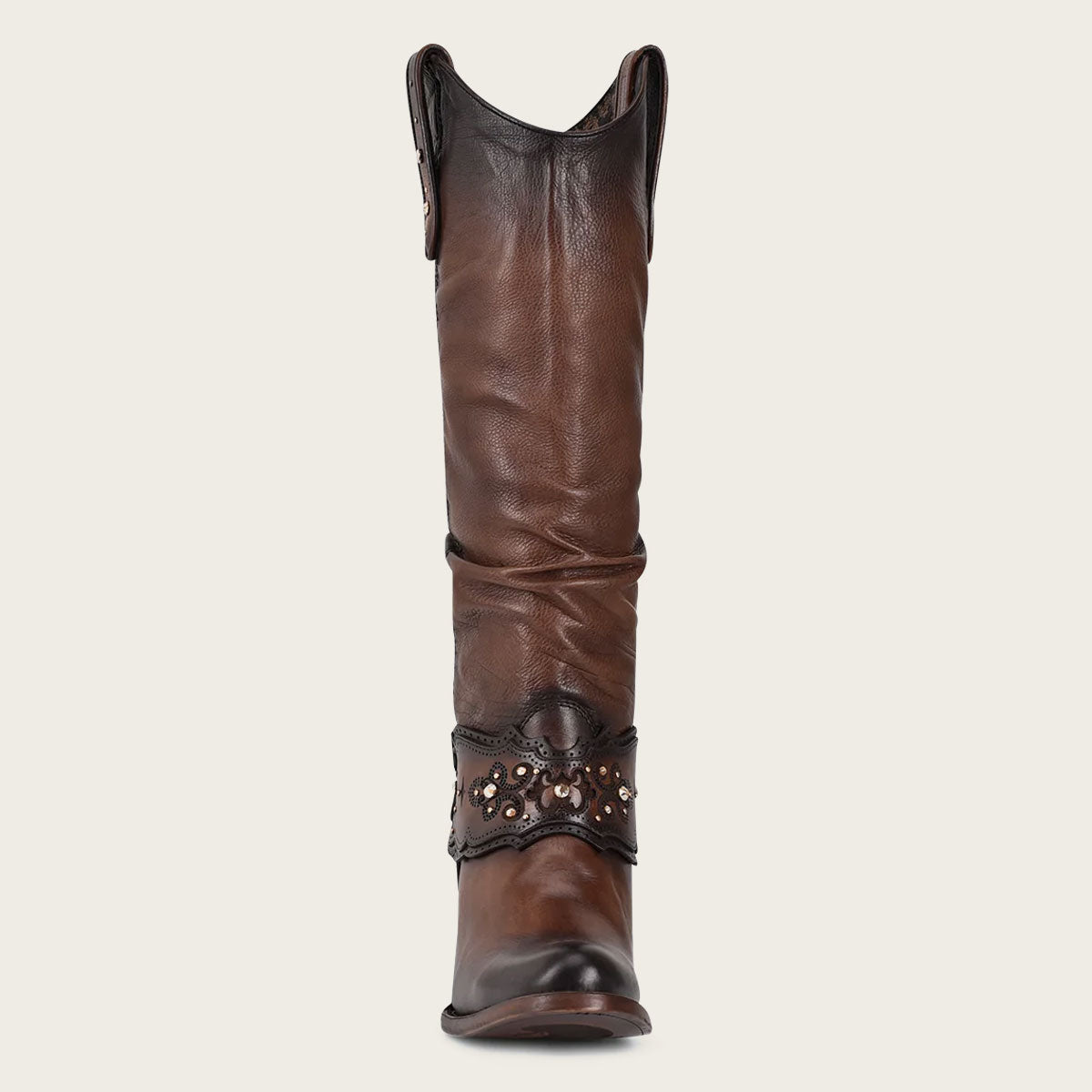 Brown leather boots hand-painted with Austrian crystals for women.