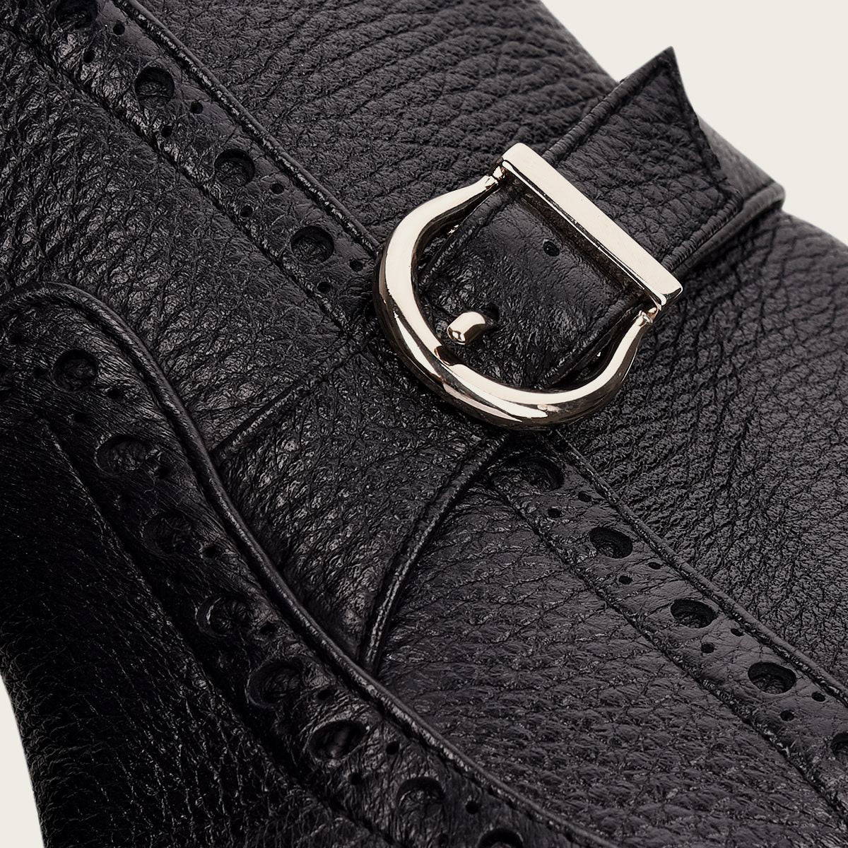 Genuine deer black leather bootie with buckle. Luxurious and stylish. Order now for a chic addition to your wardrobe