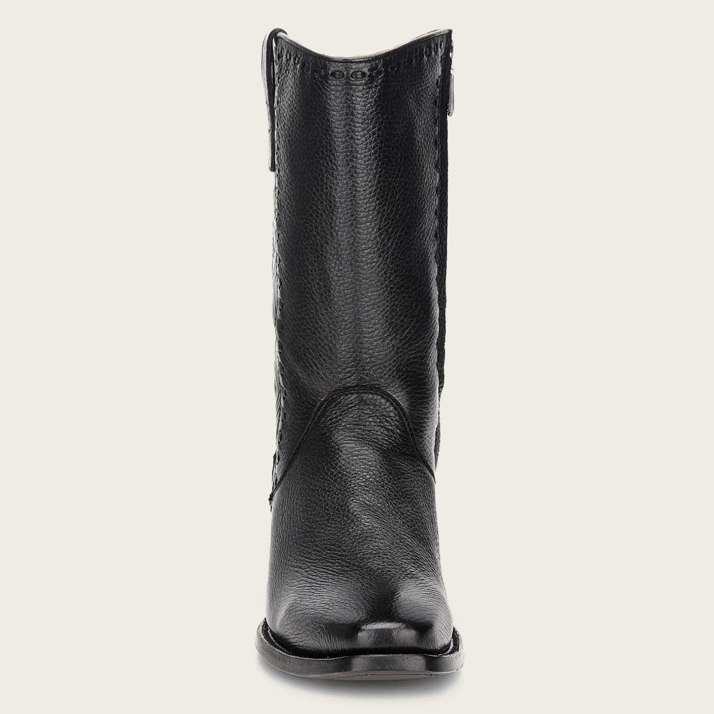 Engraved black deer leather men's dress boot with handwoven details