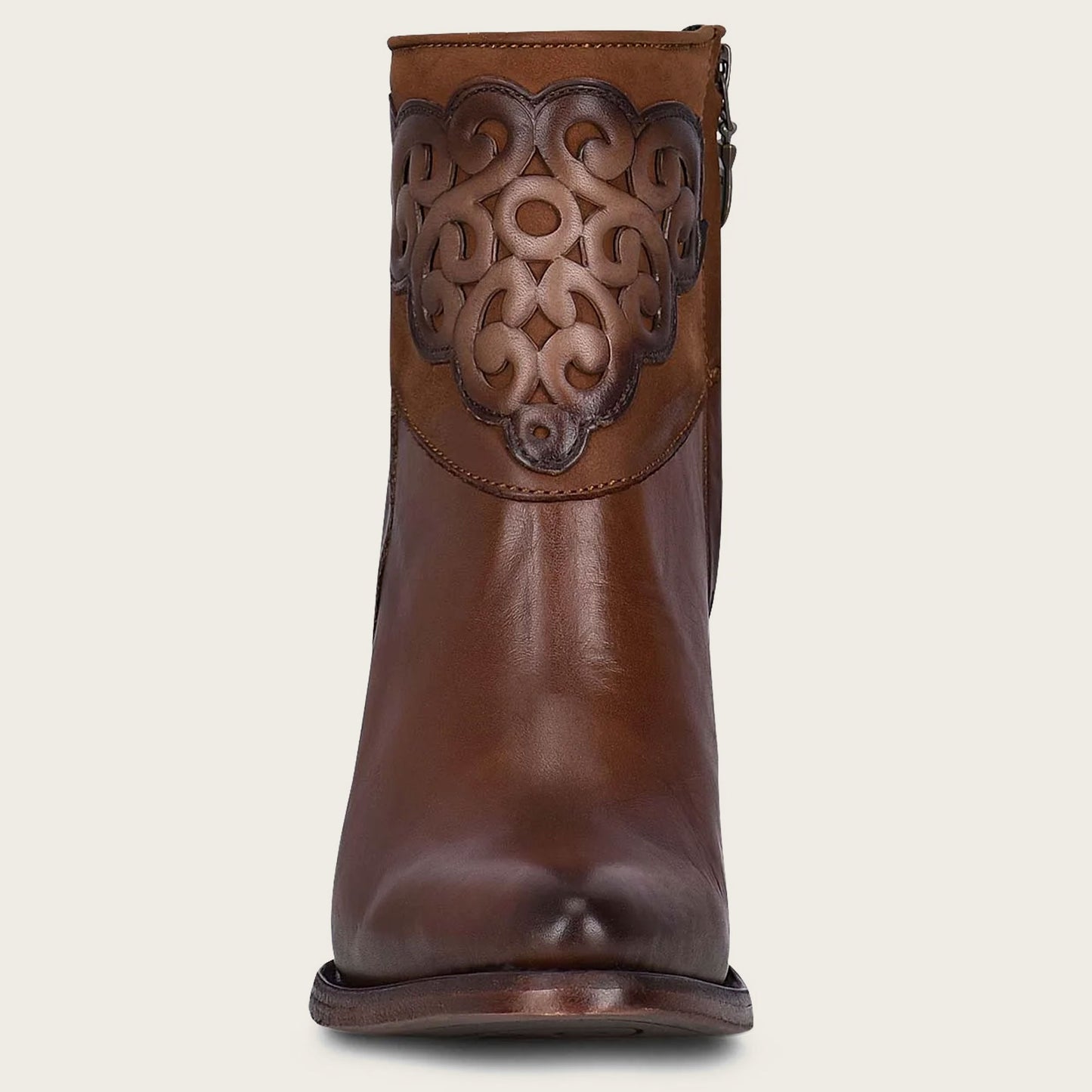 Stylish and versatile brown leather bootie with a sleek design, perfect for any occasion.