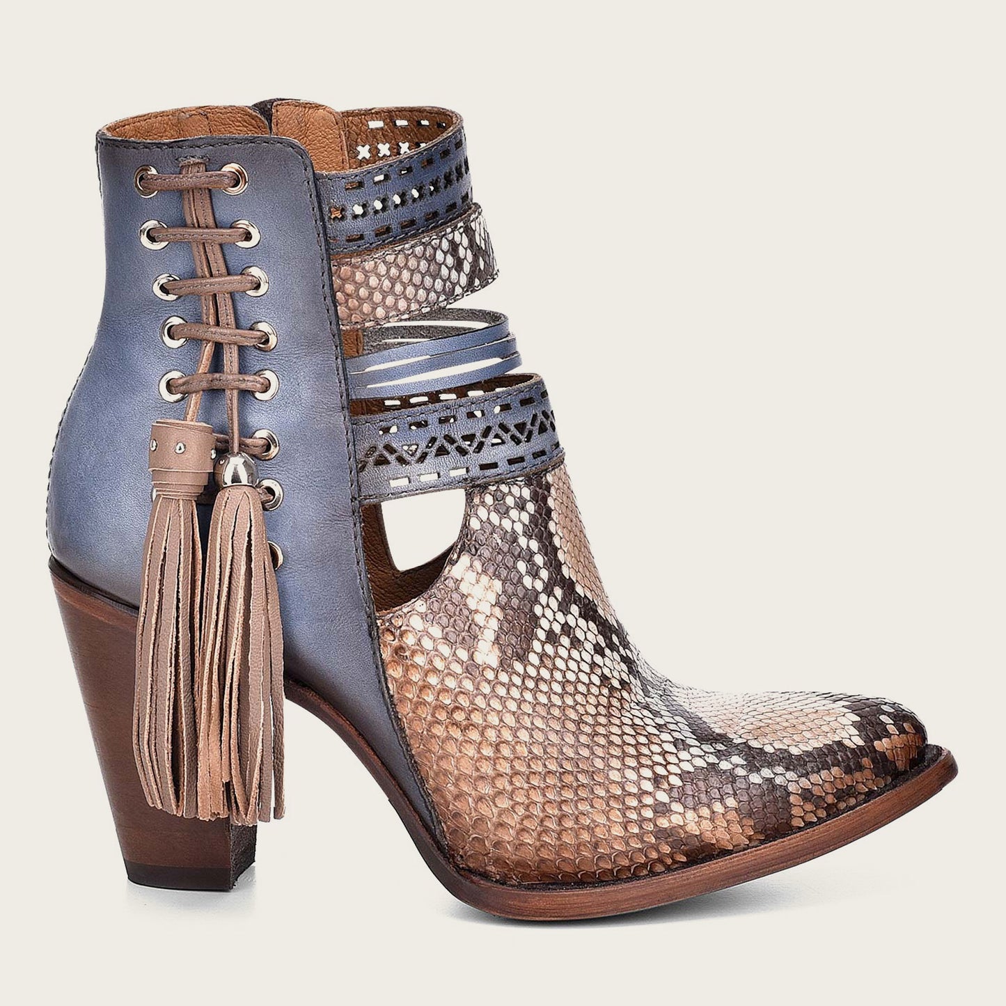 Blue python leather bootie with sleek design and pointed toe.