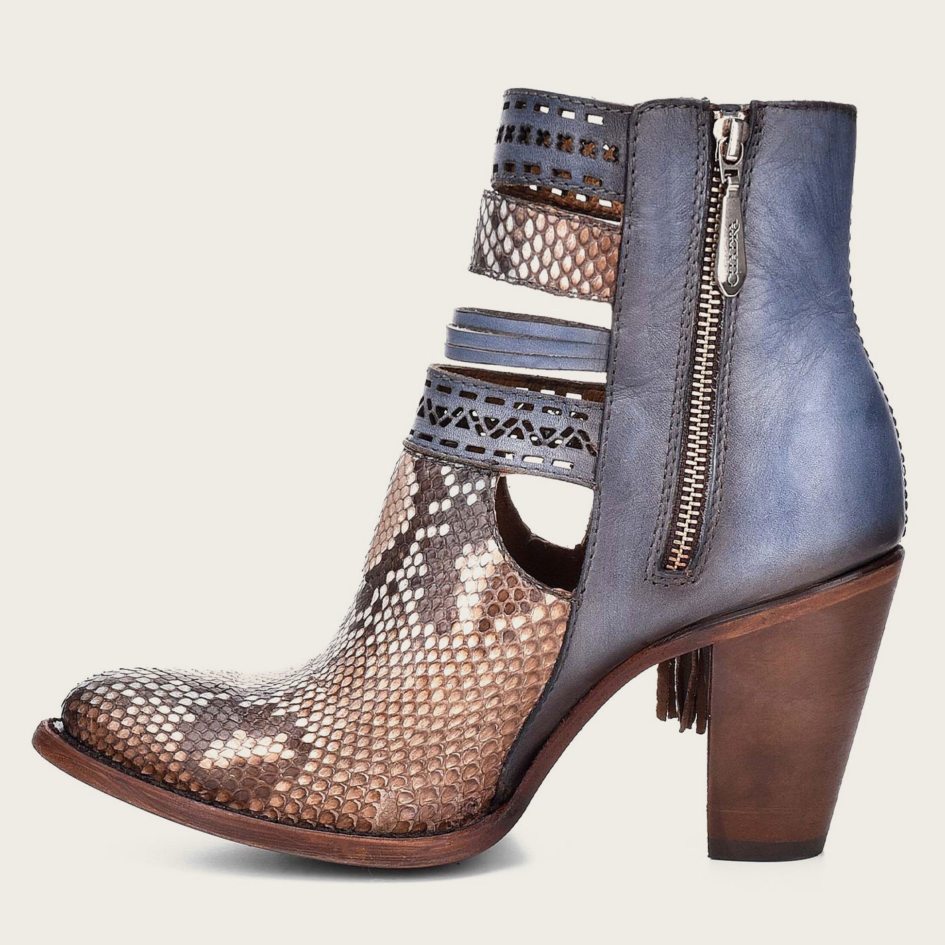 Blue python leather bootie with sleek design and pointed toe.