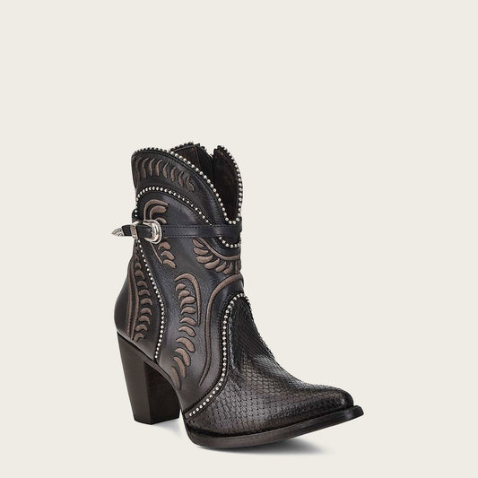 Black leather bootie with genuine python accents, embroidered details, hand-painted metallic applications. Elevate your style with these unique boots.Black leather bootie with genuine python accents, embroidered details, hand-painted metallic applications. Elevate your style with these unique boots.