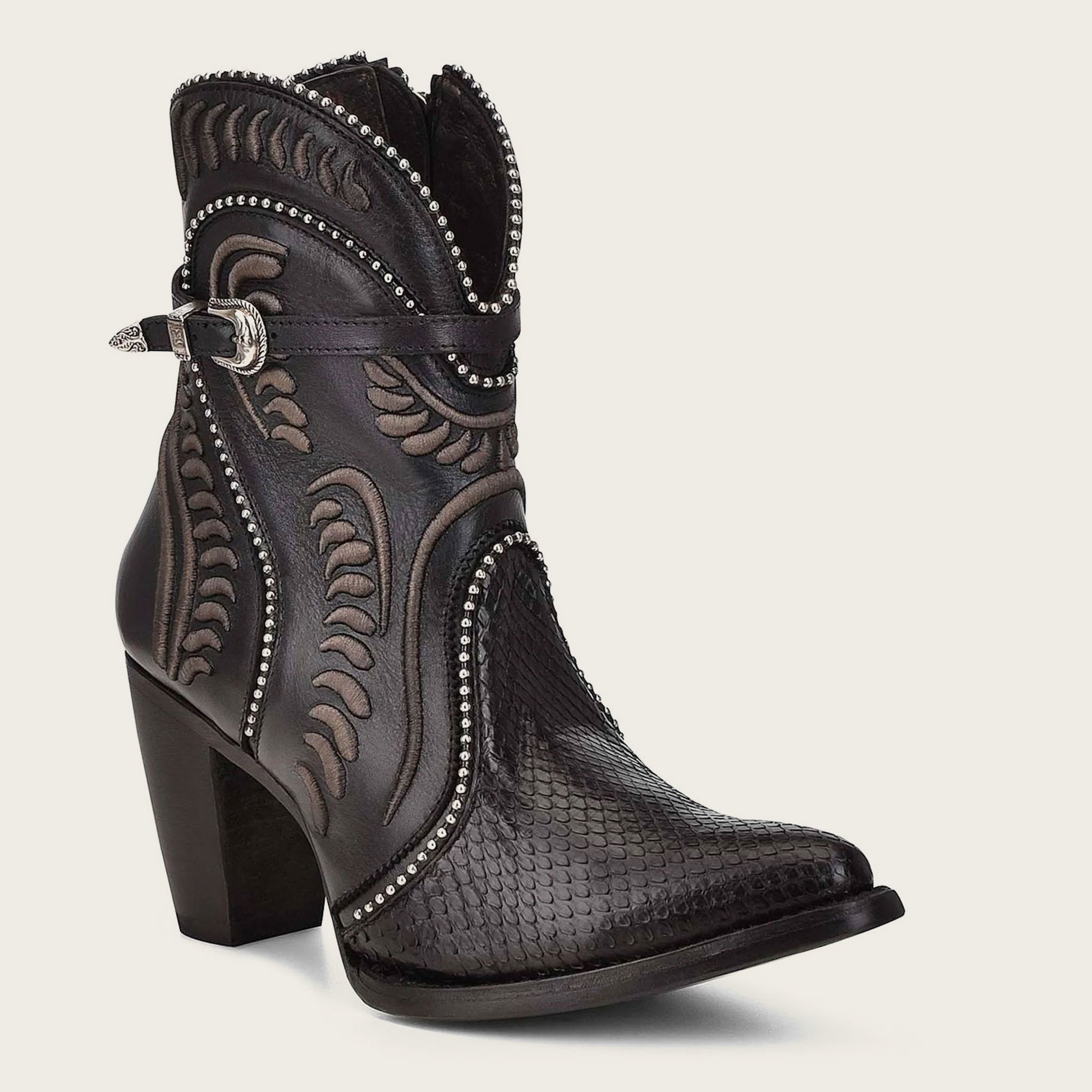 Step into sophistication with our exquisite women's genuine python embroidered black leather bootie.