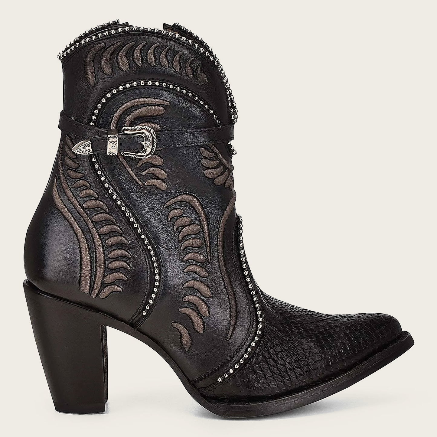 Add a touch of sophistication to your footwear collection with these Genuine python embroidered black leather bootie