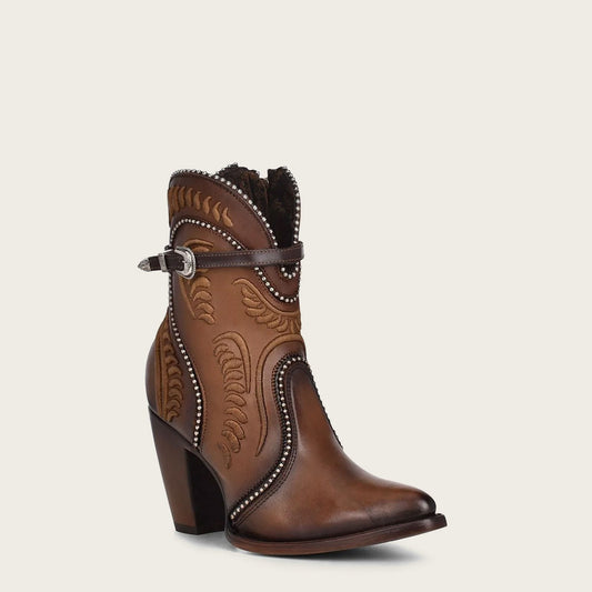 Step out in style with our embroidered honey leather bootie - featuring intricate stitching and a warm, golden hue.