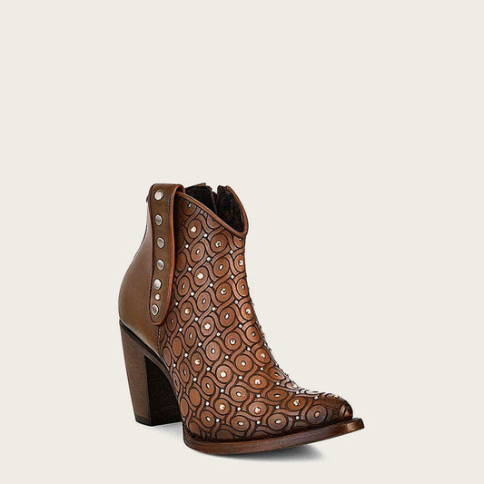 Image of brown handwoven leather bootie with Austrian crystals - luxury and sophistication at its finest.