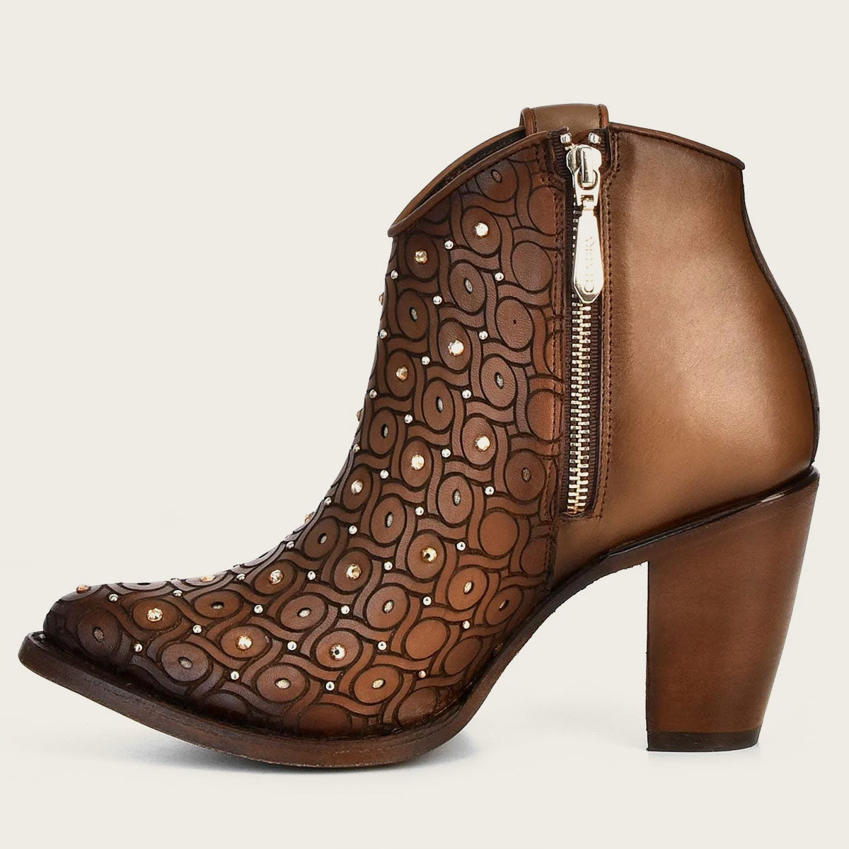 Image of brown handwoven leather bootie with Austrian crystals - luxury and sophistication at its finest.