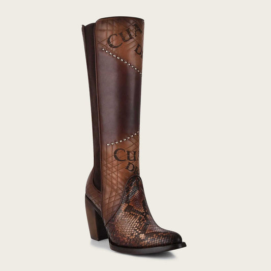 Brown python leather boot with laser engravings