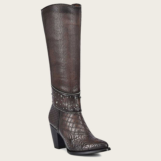 Dark brown leather boot with intricate embroidery and sparkling Austrian crystals