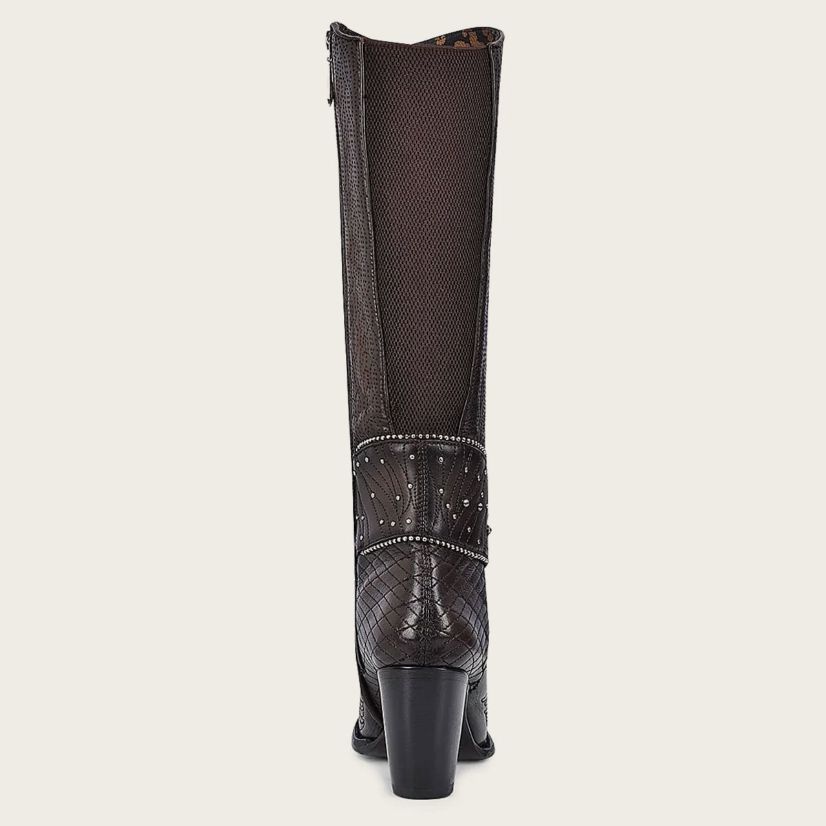 Dark brown leather boot with intricate embroidery and sparkling Austrian crystals