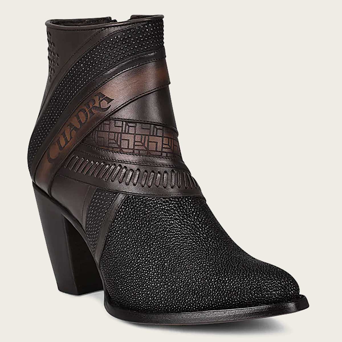 black leather ankle boots, hand-painted , engraved with Cuadra logo