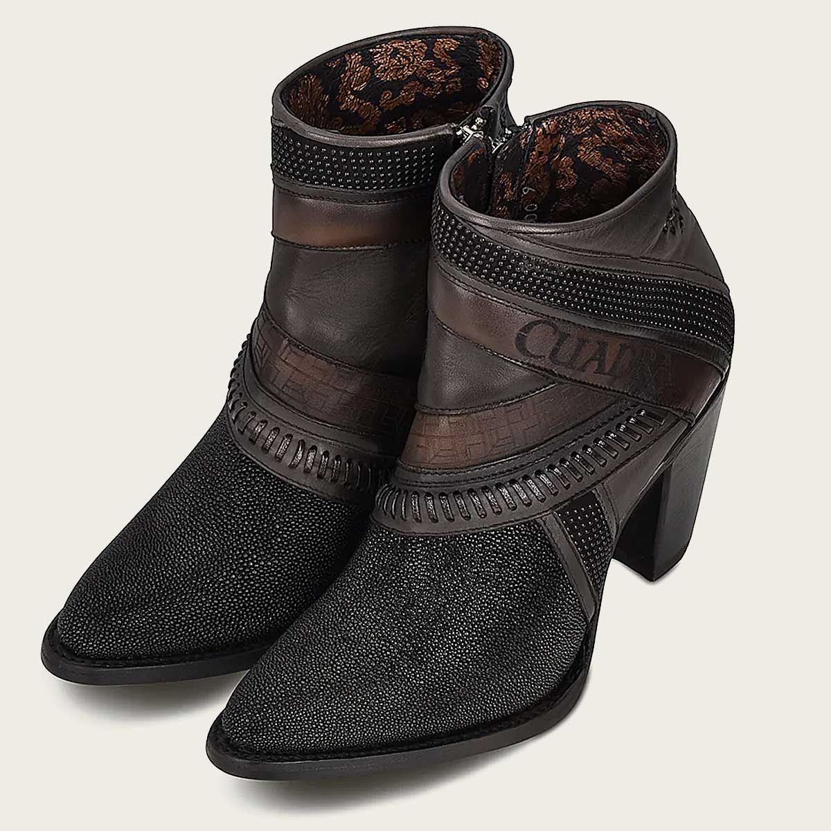 Black boots in stingray leather and premium bovine leather.