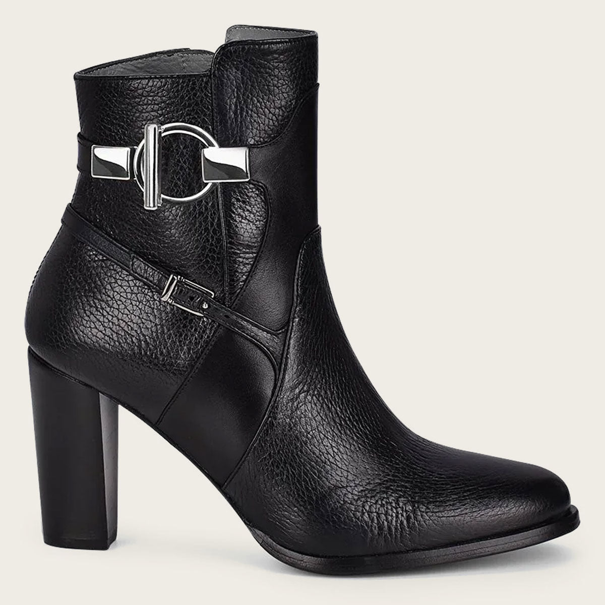 Black leather bootie made with genuine deer leather, featuring a sleek and stylish design.