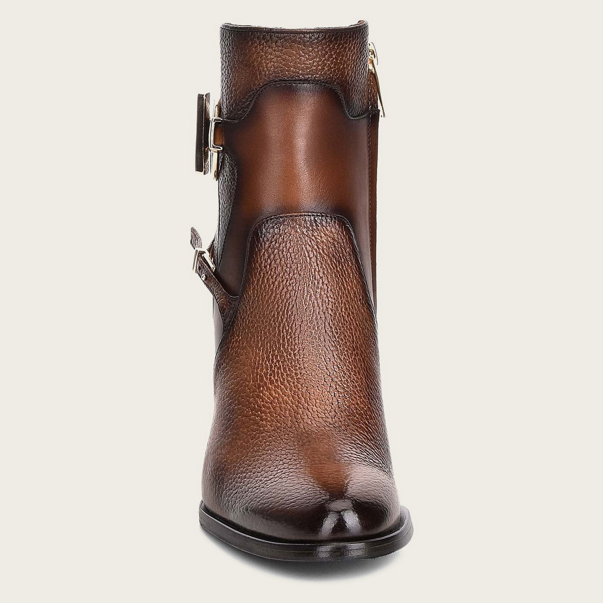 Handcrafted honey deer leather bootie with decorative stitching