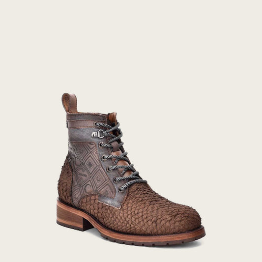 Stylish brown poisson leather boot for men, featuring engraved details for a unique touch.