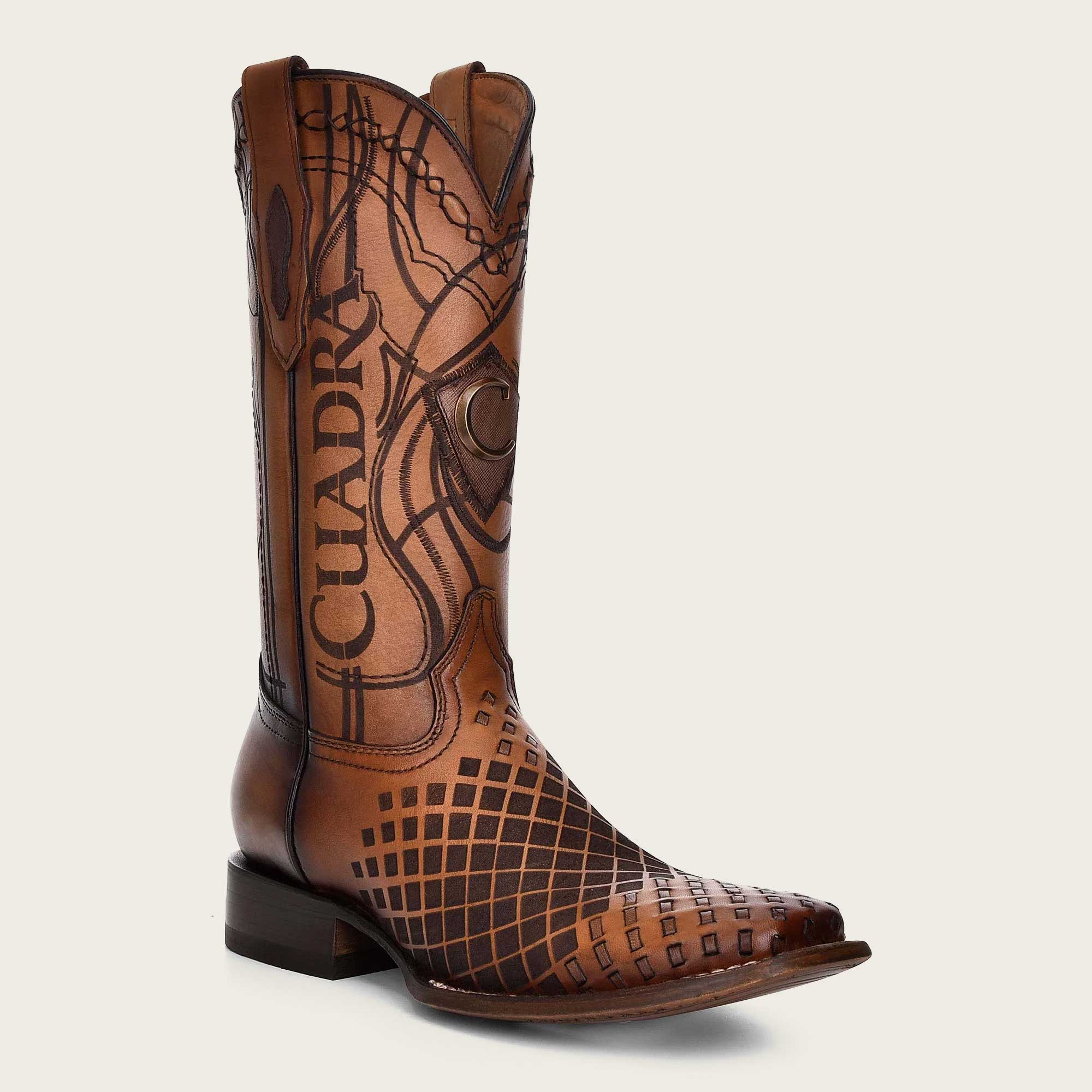 Engraved honey leather western boots