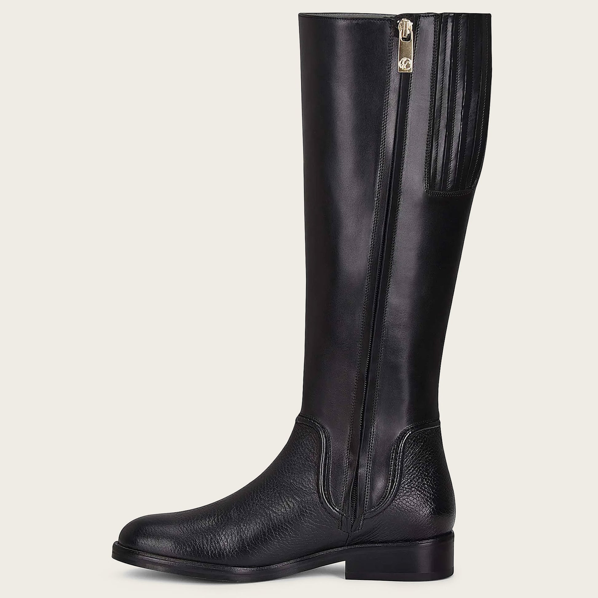 Experience the allure of hand-painted craftsmanship with this exquisite black leather riding boot.