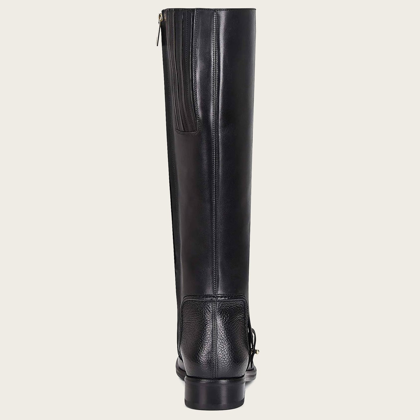 Experience the allure of hand-painted craftsmanship with this exquisite black leather riding boot.