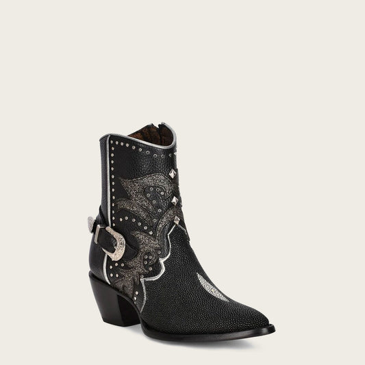 Black western exotic leather bootie - high-quality leather with intricate detailing and a modern twist on a classic Western design. Versatile and comfortable, perfect for any occasion.