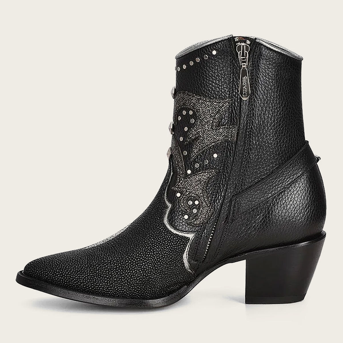 Black western exotic leather bootie - high-quality leather with intricate detailing and a modern twist on a classic Western design. Versatile and comfortable, perfect for any occasion.