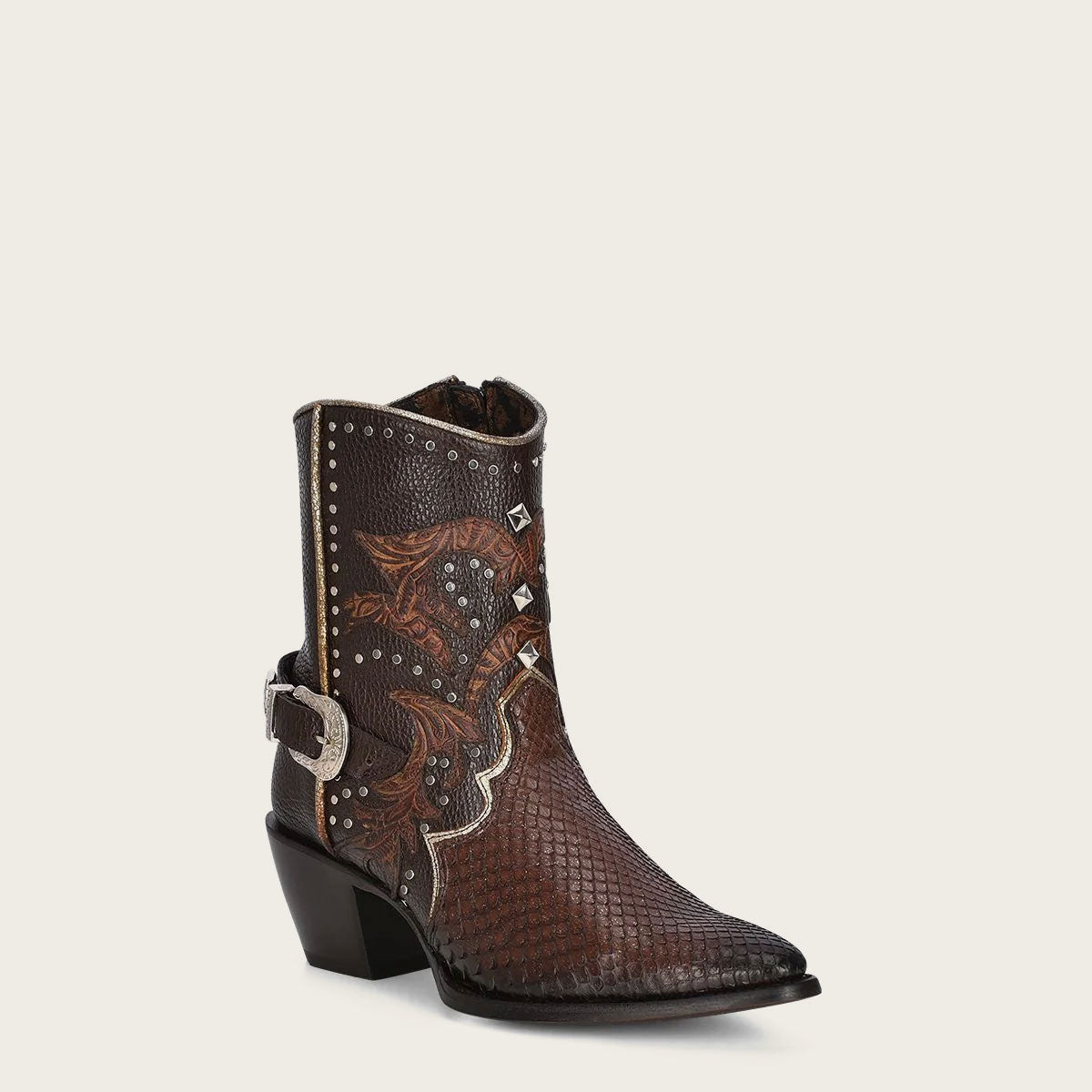 Brown western exotic leather bootie - elevate your Western style with these exquisite booties made from premium quality leather. Unique texture and pattern make them stand out, with classic design and modern detailing perfect for any occasion.