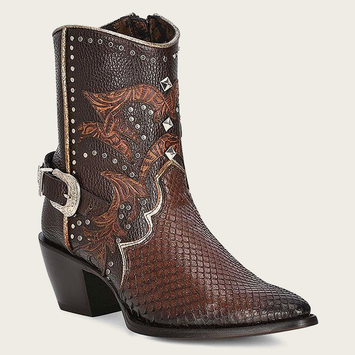 Brown western exotic leather bootie, made from premium quality leather. Unique texture and pattern, with classic design and modern detailing.
