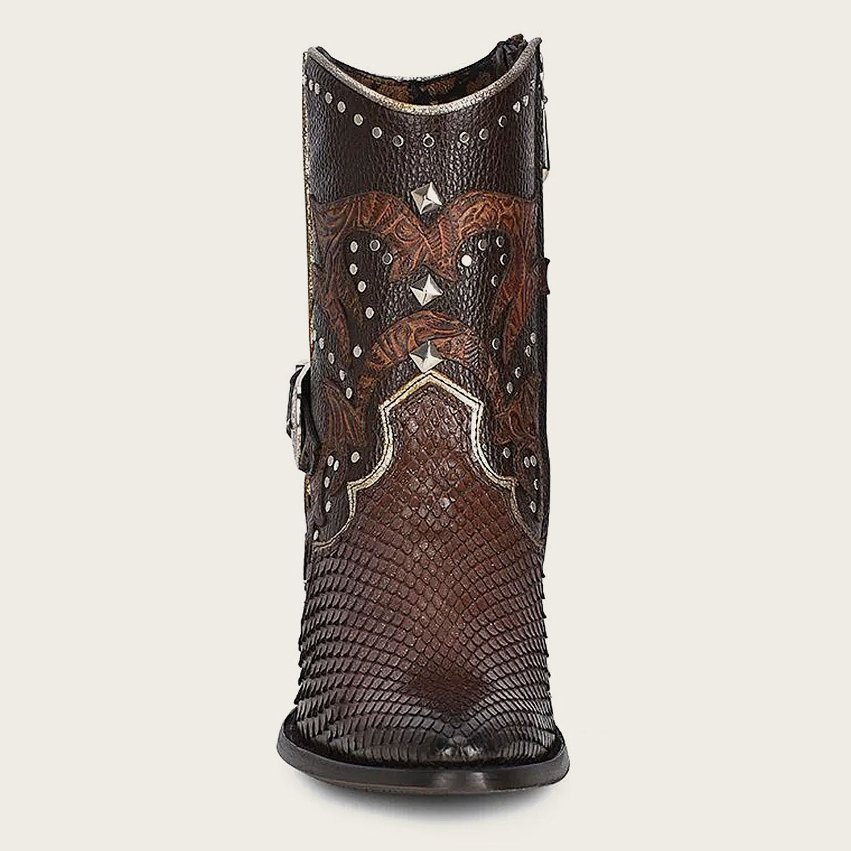 Brown western exotic leather bootie - elevate your Western style with these exquisite booties made from premium quality leather. Unique texture and pattern make them stand out, with classic design and modern detailing perfect for any occasion.