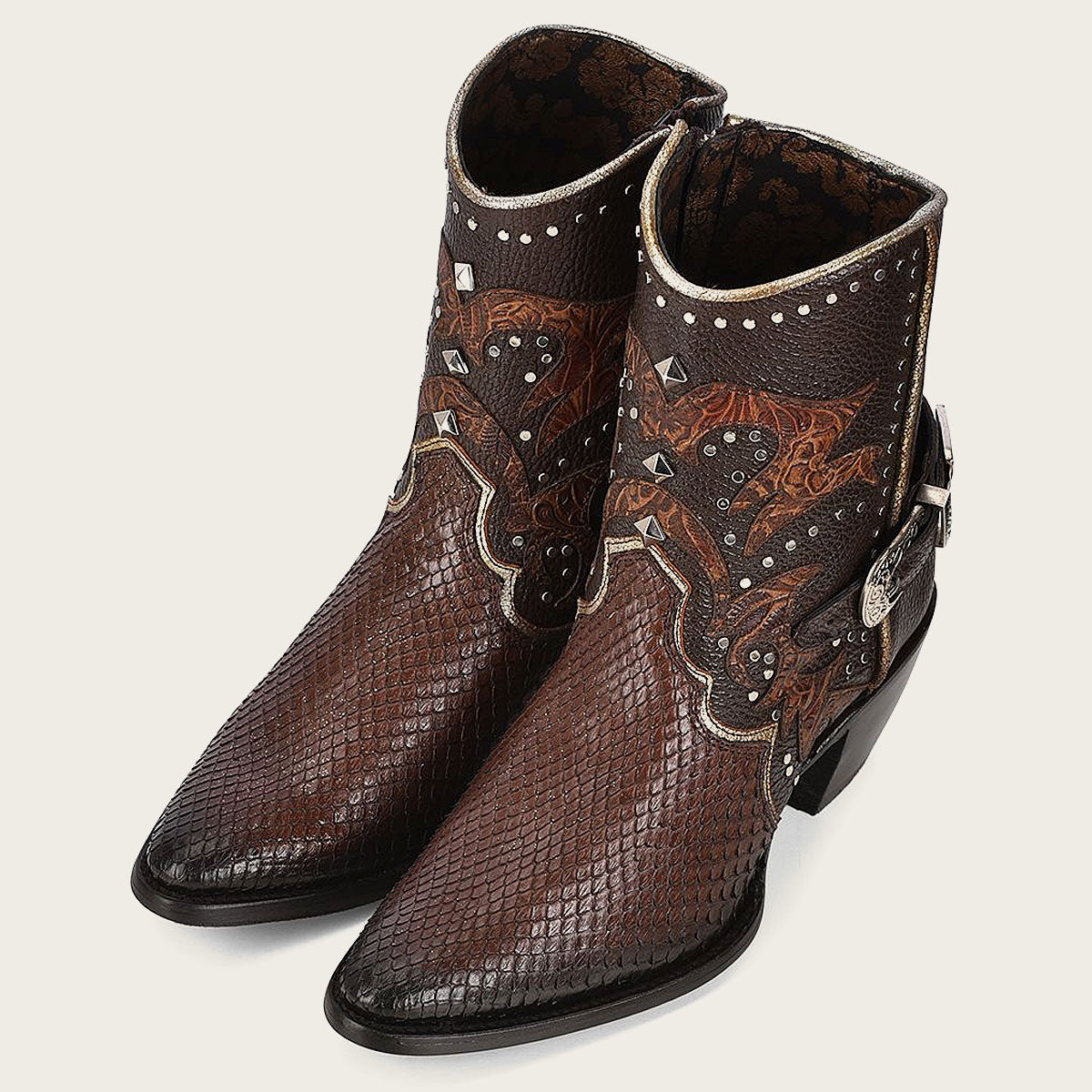 Brown western exotic leather bootie, made from premium quality leather. Unique texture and pattern, with classic design and modern detailing.