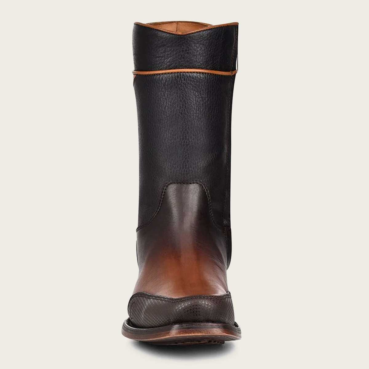 Stylish urban brown leather boot for men with laser-engraved geometric motifs and unique texture