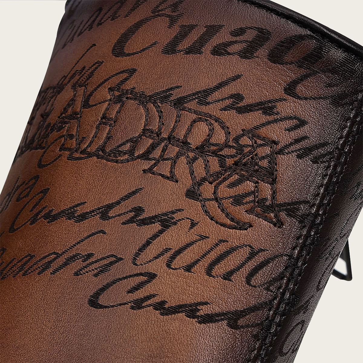 Cuadra logo embroidery and laser engraving on honey leather boot