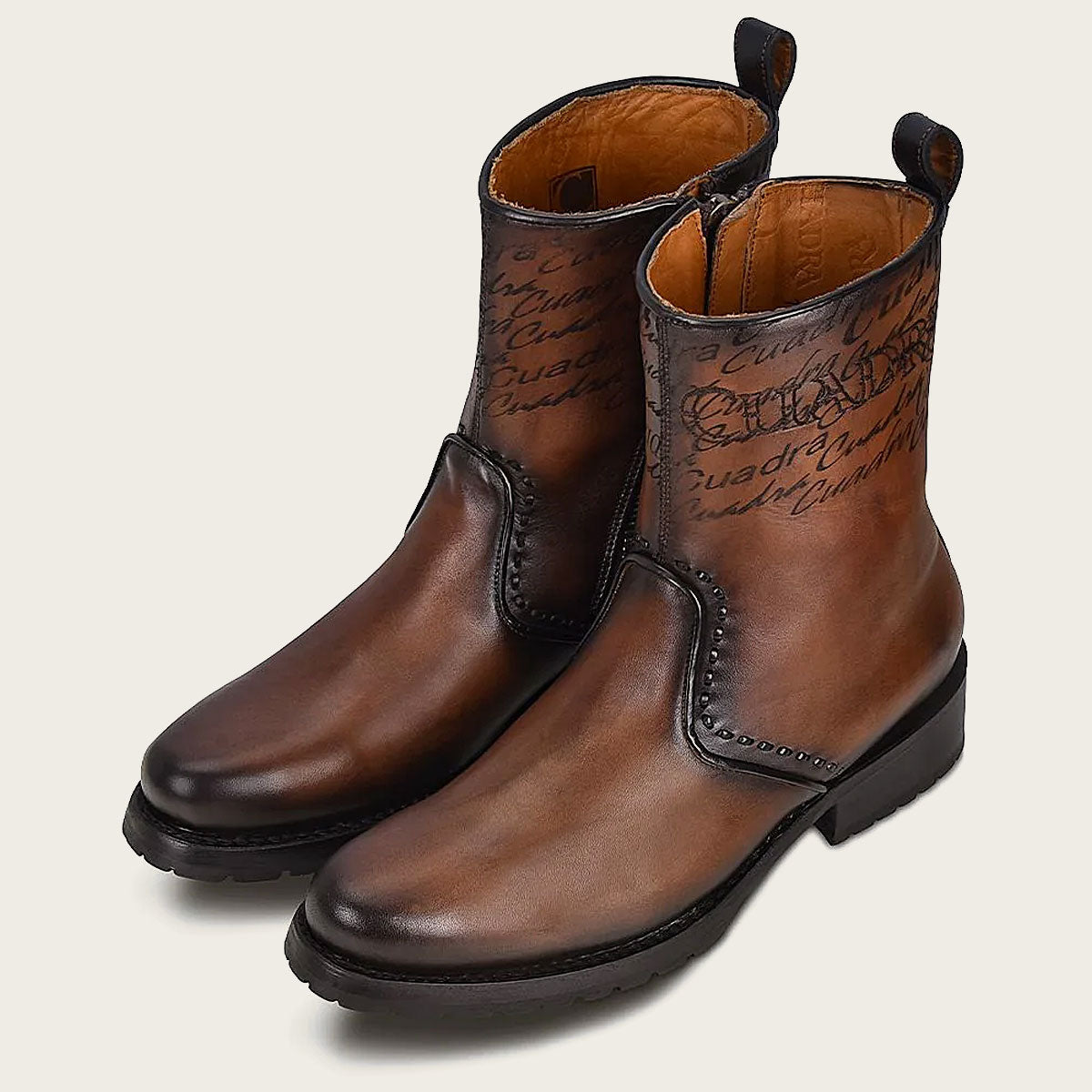 Cuadra logo embroidery and laser engraving on honey leather boot