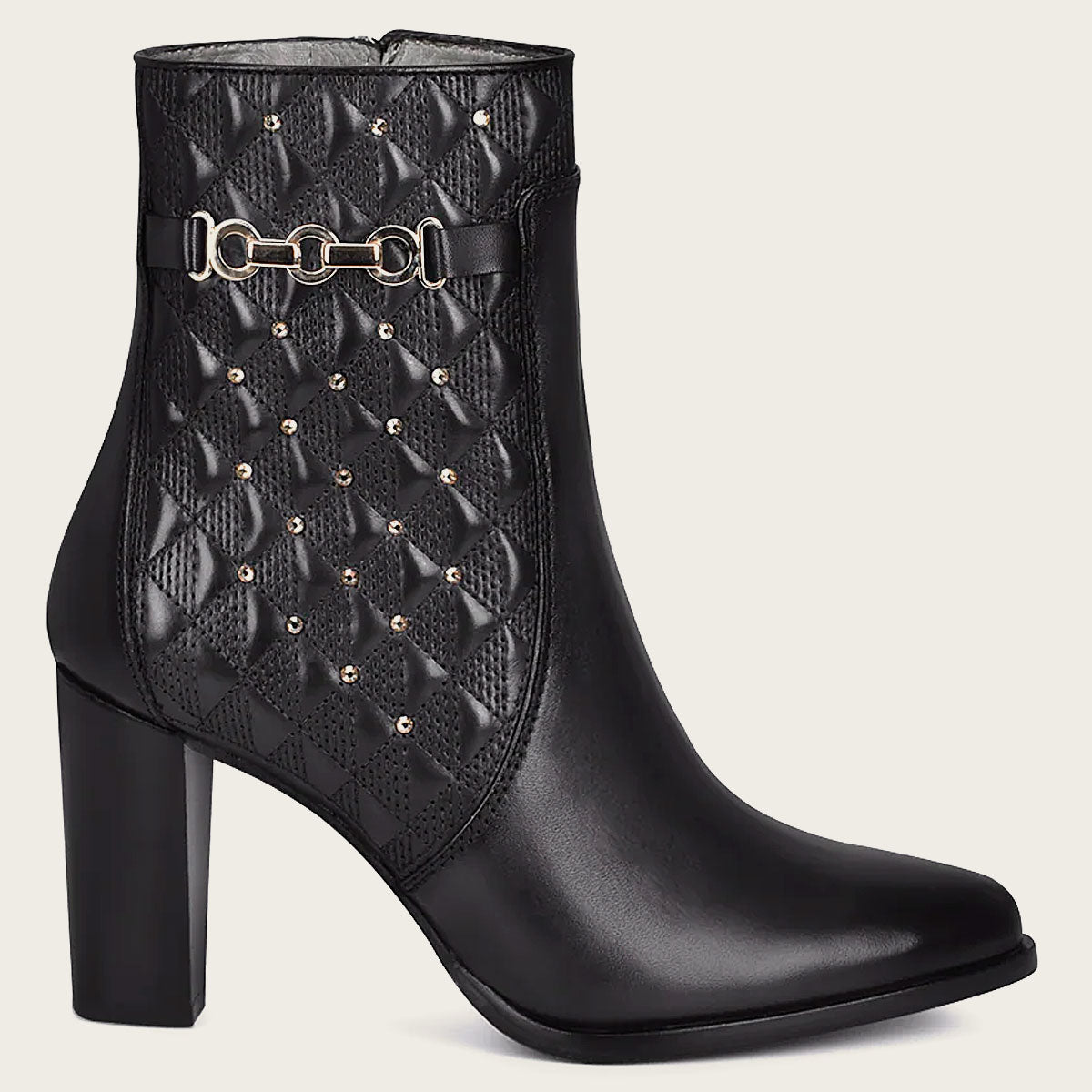 Stunning black leather bootie with intricate geometric details and sparkling Austrian crystals for a chic and glamorous look