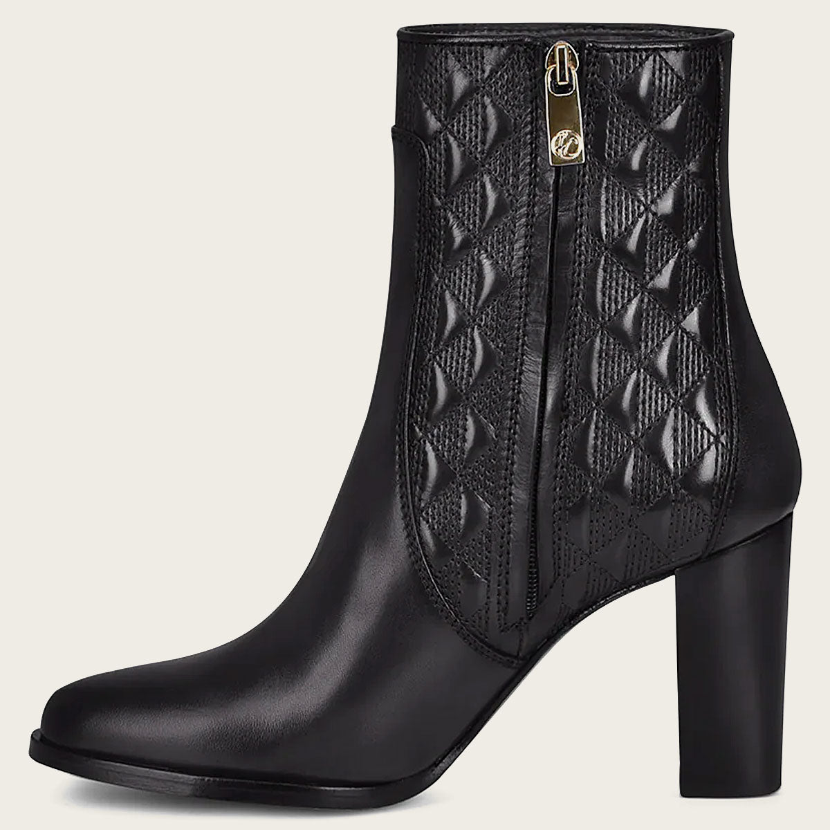 Stunning black leather bootie with intricate geometric details and sparkling Austrian crystals for a chic and glamorous look