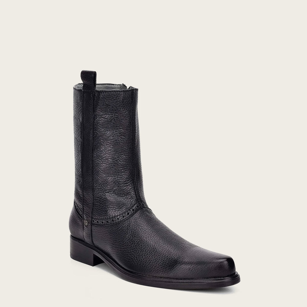 Black leather boot with intricate hand-painted details, including floral and geometric patterns